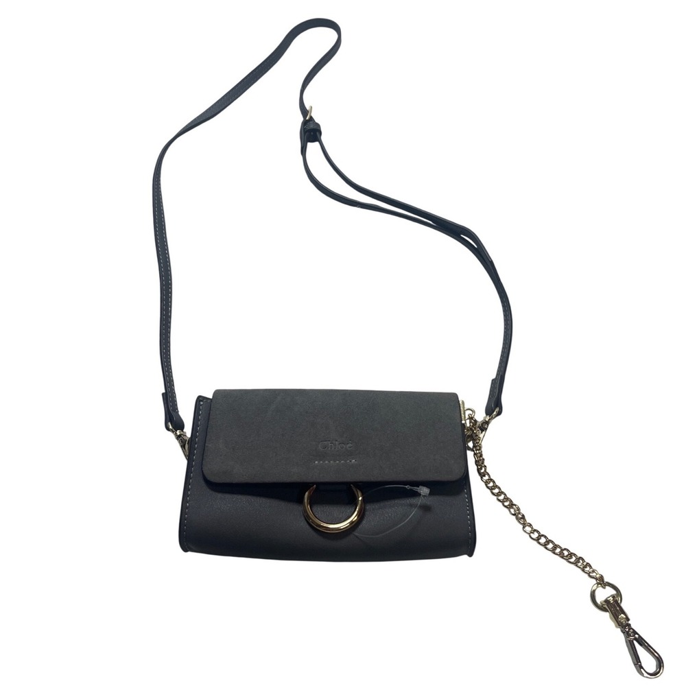 Chloe Faye Wallet on Strap Grey Leather Suede Crossbody Bag Gold Hardware